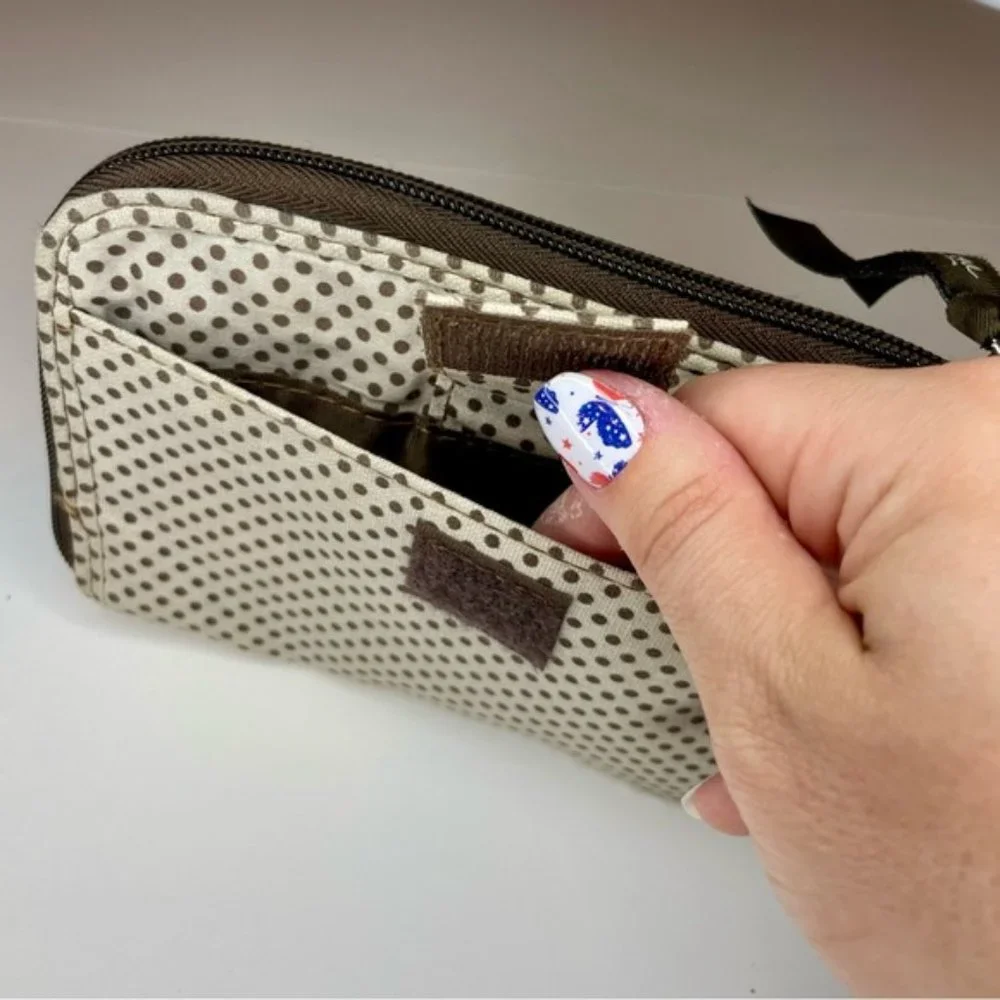 Thirty-One Slim Soft Brown and Cream Polka Dot Wristlet